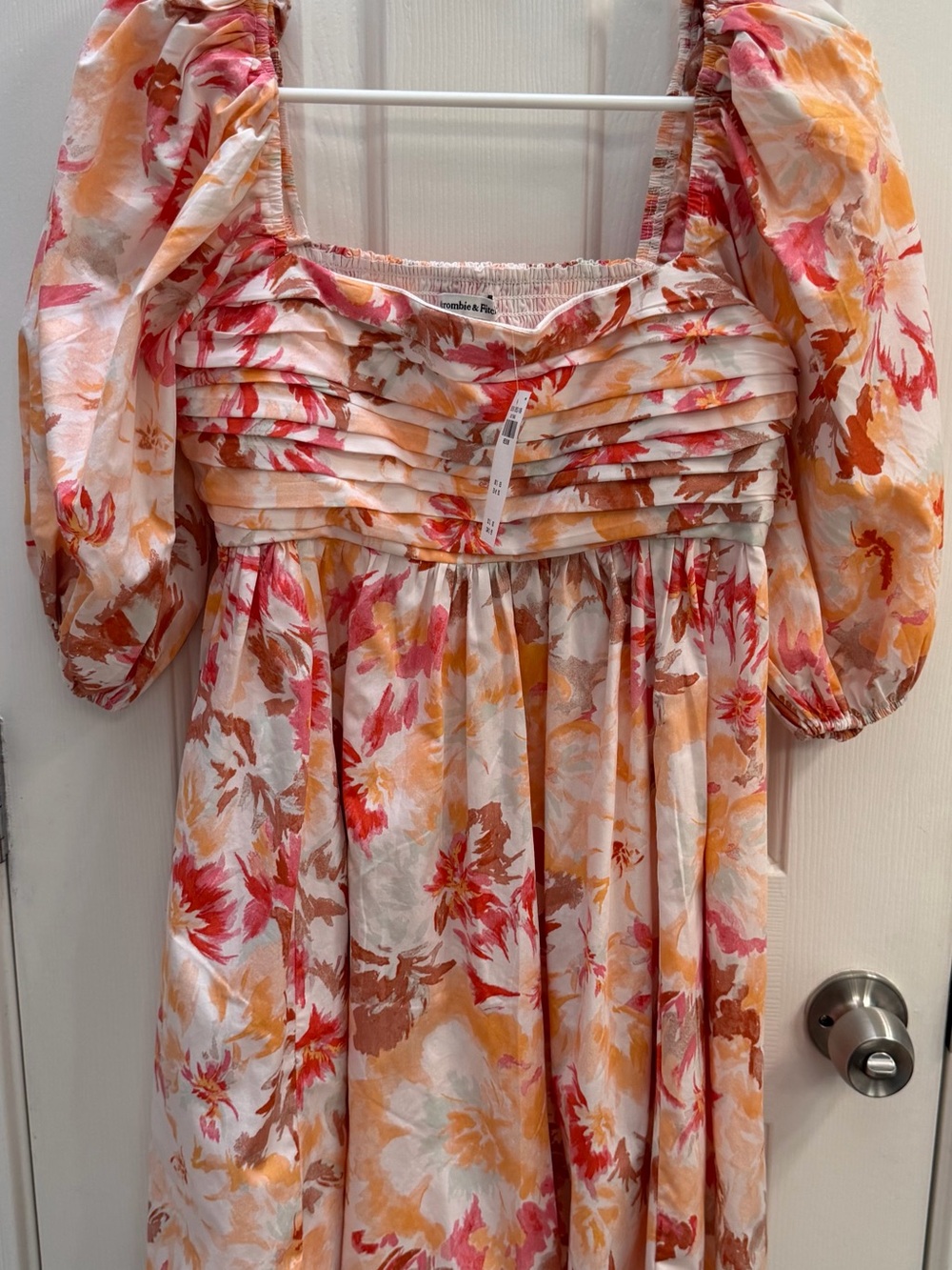 Floral Puff-Sleeve Midi Dress in Pink & Orange NWT